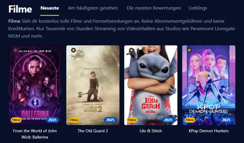 Ansicht der Filmpalast Oberfläche mit Film und Serien Vorschlägen
